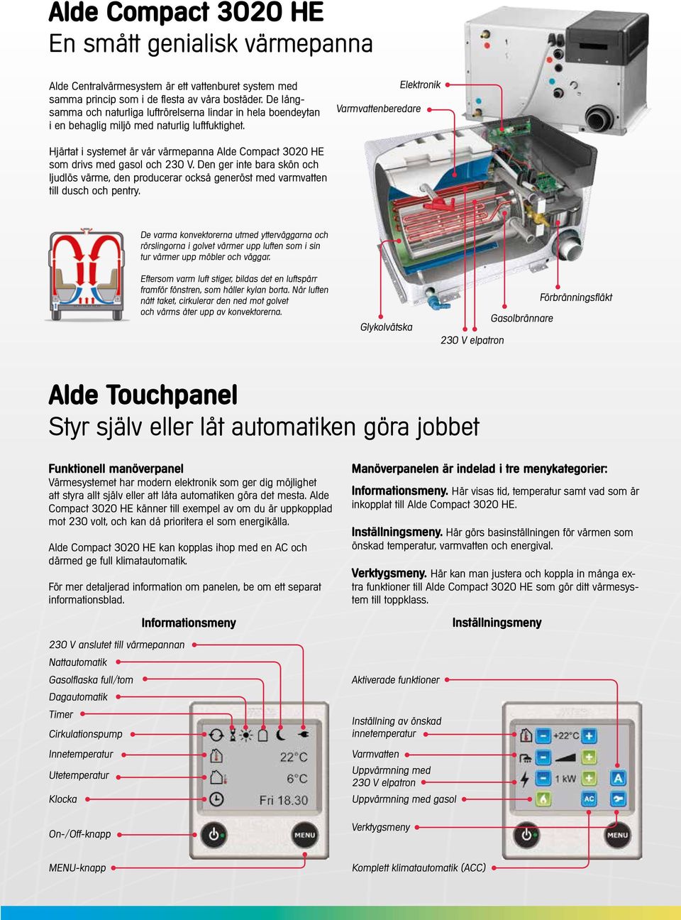 Elektronik Varmvattenberedare Hjärtat i systemet är vår värmepanna Alde Compact 3020 HE som drivs med gasol och 230 V.