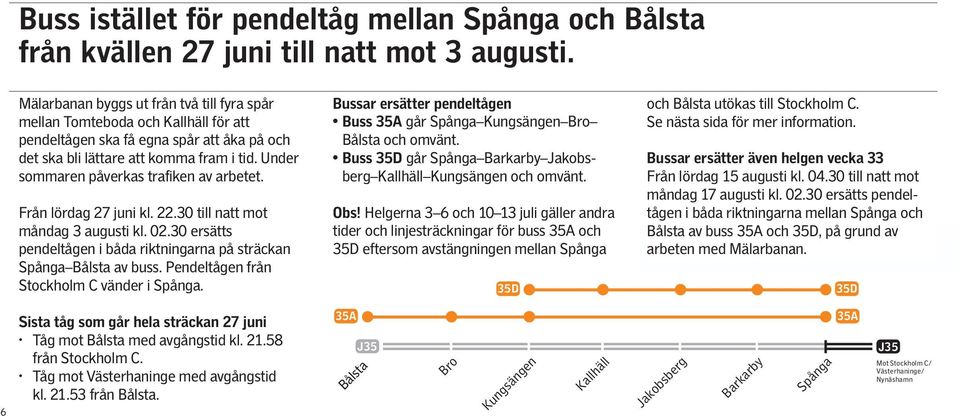 Under sommaren påverkas trafiken av arbetet. Från lördag 27 juni kl. 22.30 till natt mot måndag 3 augusti kl. 02.30 ersätts pendeltågen i båda riktningarna på sträckan Spånga Bålsta av buss.