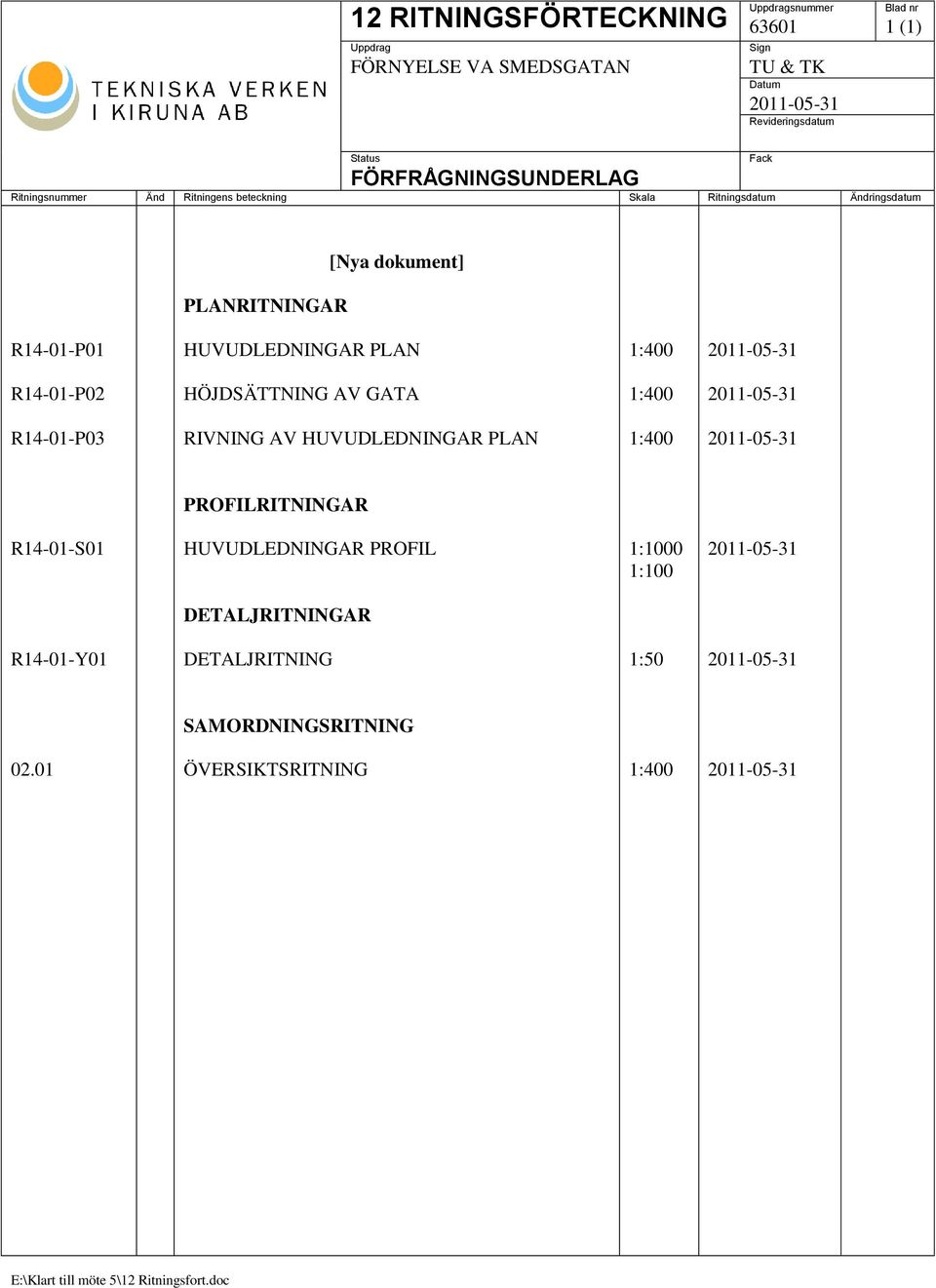 R14-01-P02 HÖJDSÄTTNING AV GATA 1:400 2011-05-31 R14-01-P03 RIVNING AV HUVUDLEDNINGAR PLAN 1:400 2011-05-31 PROFILRITNINGAR R14-01-S01 HUVUDLEDNINGAR PROFIL 1:1000