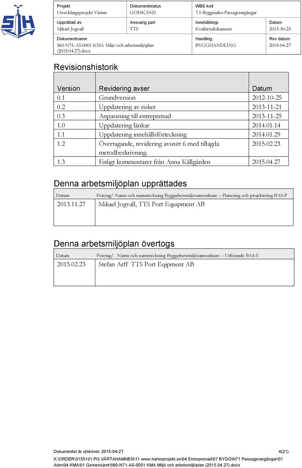 04.27 Denna arbetsmiljöplan upprättades Företag/ Namn och namnteckning Byggarbetsmiljösamordnare Planering och projektering BAS-P 2013.11.