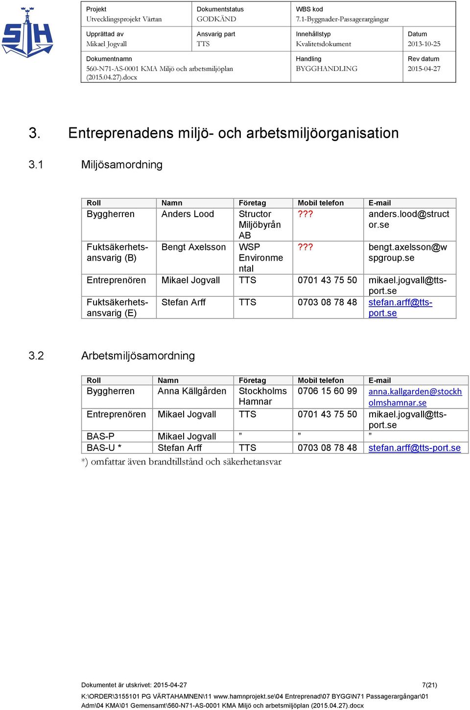 se Fuktsäkerhetsansvarig (E) Stefan Arff 0703 08 78 48 stefan.arff@ttsport.se 3.