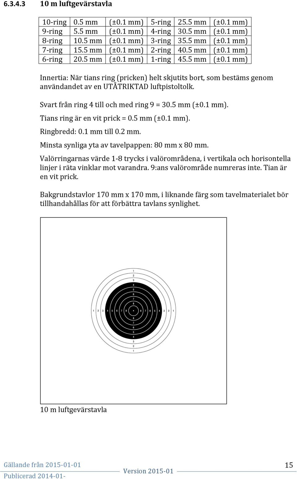 Svart från ring 4 till och med ring 9 = 30.5 mm (±0.1 mm). Tians ring är en vit prick = 0.5 mm (±0.1 mm). Ringbredd: 0.1 mm till 0.2 mm. Minsta synliga yta av tavelpappen: 80 mm x 80 mm.