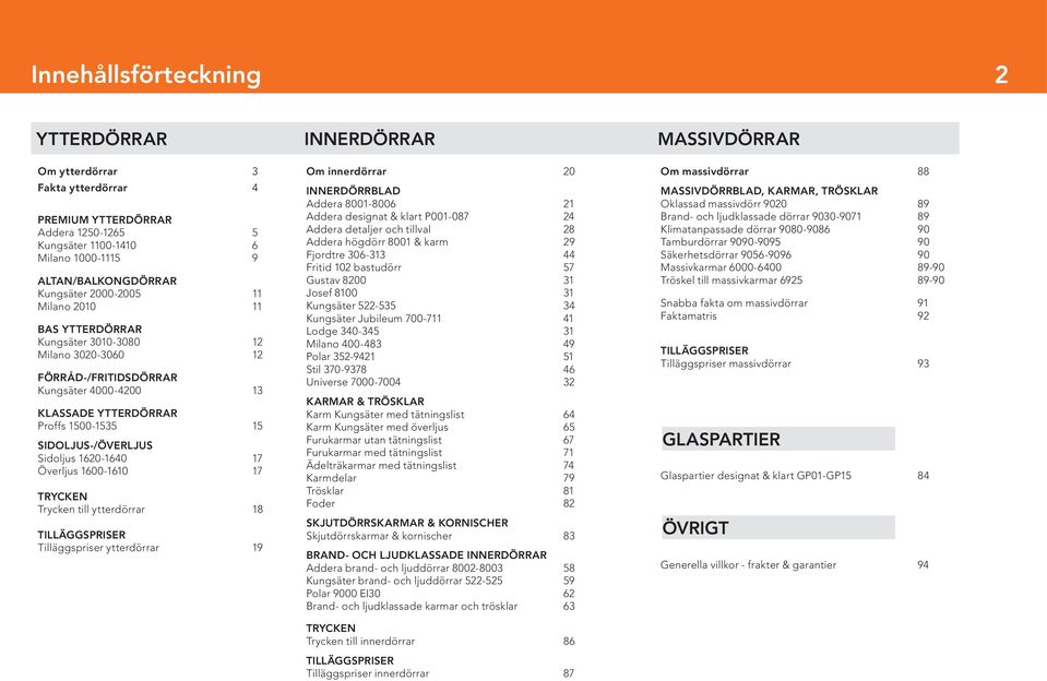 SIDOLJUS-/ÖERLJUS Sidoljus 1620-1640 17 Överljus 1600-1610 17 TRYCKEN Trycken till ytterdörrar 18 TILLÄGGSPRISER Tilläggspriser ytterdörrar 19 Om innerdörrar 20 INNERDÖRRBLAD Addera 8001-8006 21