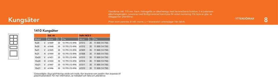 YTTERDÖRRAR 8 1410 Kungsäter alfri NCS S 61449 30 10 795 (13 494) 61513 35 11 800 (14 750) 61448 30 10 795 (13 494) 61512 35 11 800 (14 750) 61445 30 10 795 (13 494) 61509 35 11 800 (14 750) 61444 30