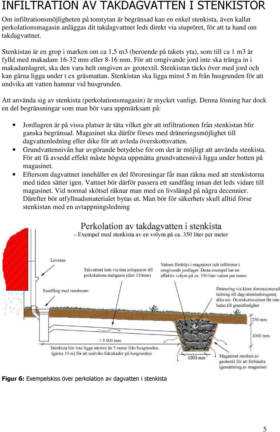 För att omgivande jord inte ska tränga in i makadamlagret, ska den vara helt omgiven av geotextil. Stenkistan täcks över med jord och kan gärna ligga under t ex gräsmattan.