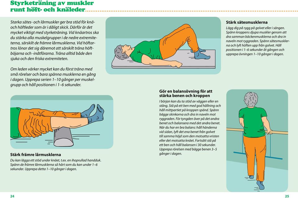 Träna alltid både den sjuka och den friska extremiteten. Stärk sätesmusklerna Lägg dig på rygg på golvet eller i sängen.
