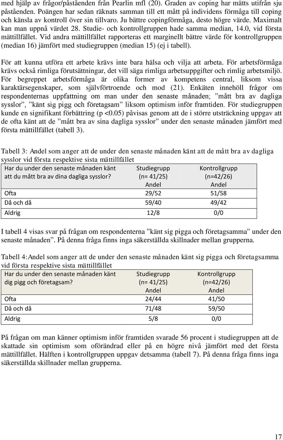 Studie- och kontrollgruppen hade samma median, 14.0, vid första mättillfället.