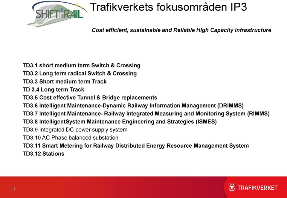 6 Intelligent Maintenance-Dynamic Railway Information Management (DRIMMS) TD3.7 Intelligent Maintenance- Railway Integrated Measuring and Monitoring System (RIMMS) TD3.