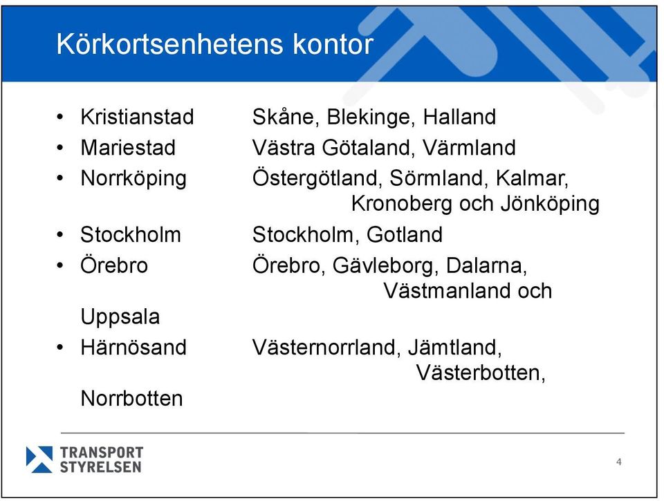 Jönköping Stockholm Stockholm, Gotland Örebro Örebro, Gävleborg, Dalarna,