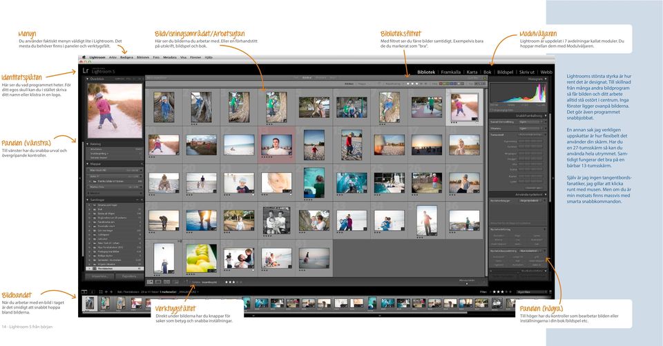 Modulväljaren Lightroom är uppdelat i 7 avdelningar kallat moduler. Du hoppar mellan dem med Modulväljaren. Identitetsplåten Här ser du vad programmet heter.