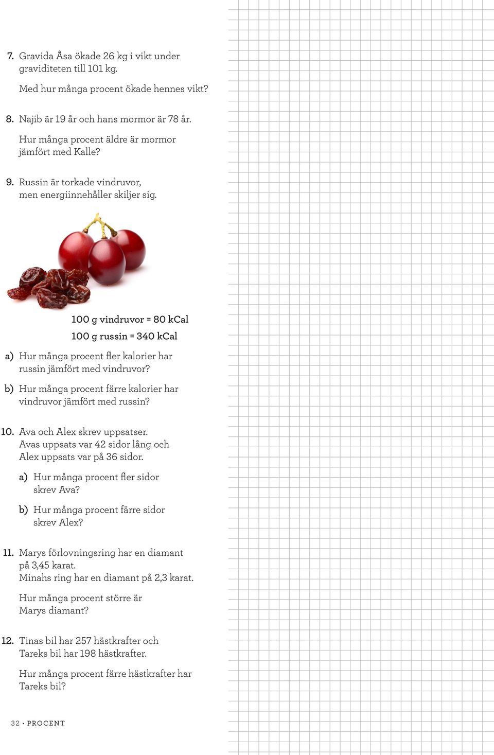 100 g vindruvor = 80 kcal 100 g russin = 340 kcal a) Hur många procent fler kalorier har russin jämfört med vindruvor? b) Hur många procent färre kalorier har vindruvor jämfört med russin? 10. Ava och Alex skrev uppsatser.
