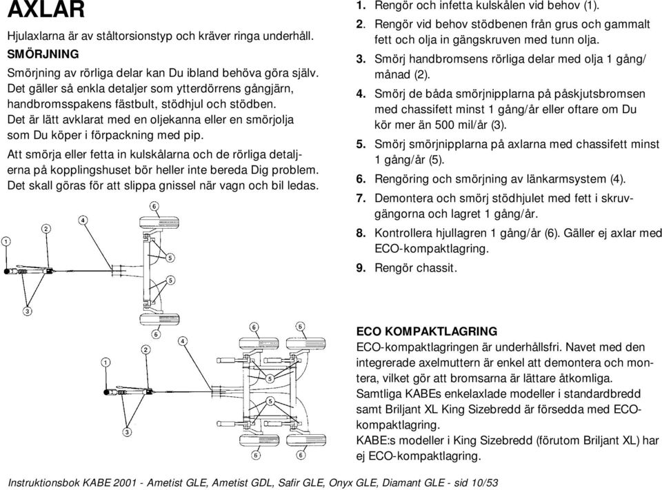Det gäller så enkla detaljer som ytterdörrens gångjärn, handbromsspakens fästbult, stödhjul och stödben. Det är lätt avklarat med en oljekanna eller en smörjolja som Du köper i förpackning med pip.