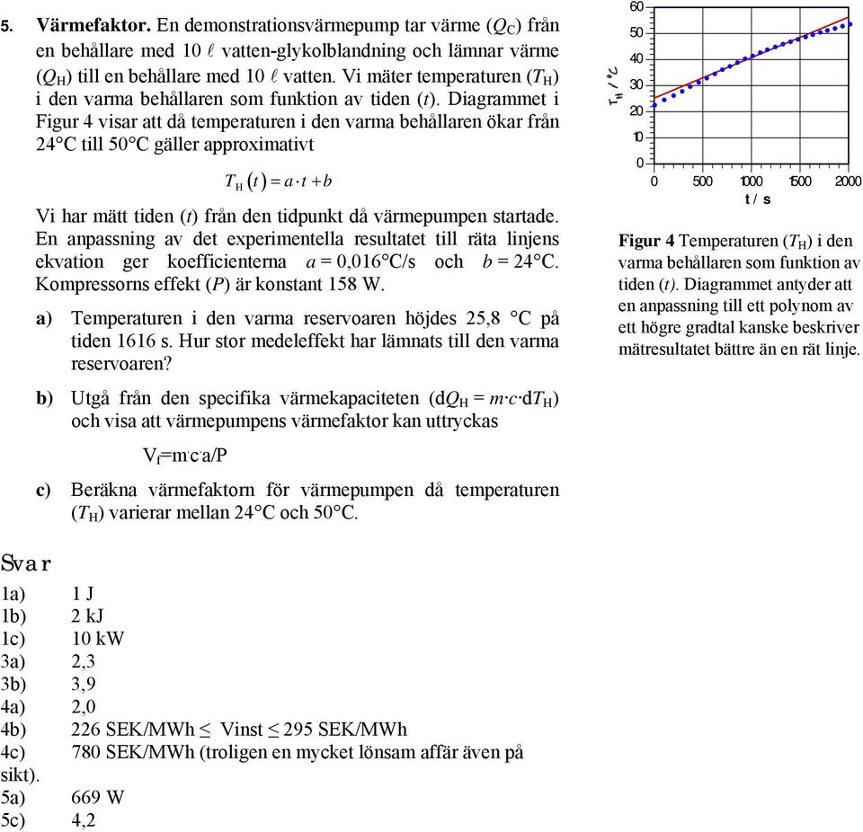 Diagrammet i Figur 4 visar att då temperaturen i den varma behållaren ökar från 24 C till 50 C gäller approximativt TH ( t) = a t + b Vi har mätt tiden (t) från den tidpunkt då värmepumpen startade.