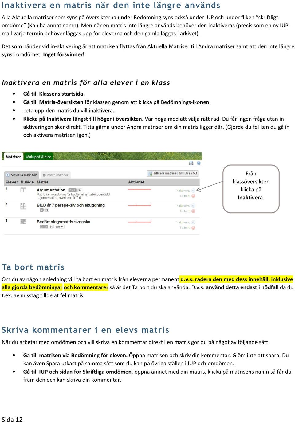 Det som händer vid in-aktivering är att matrisen flyttas från Aktuella Matriser till Andra matriser samt att den inte längre syns i omdömet. Inget försvinner!