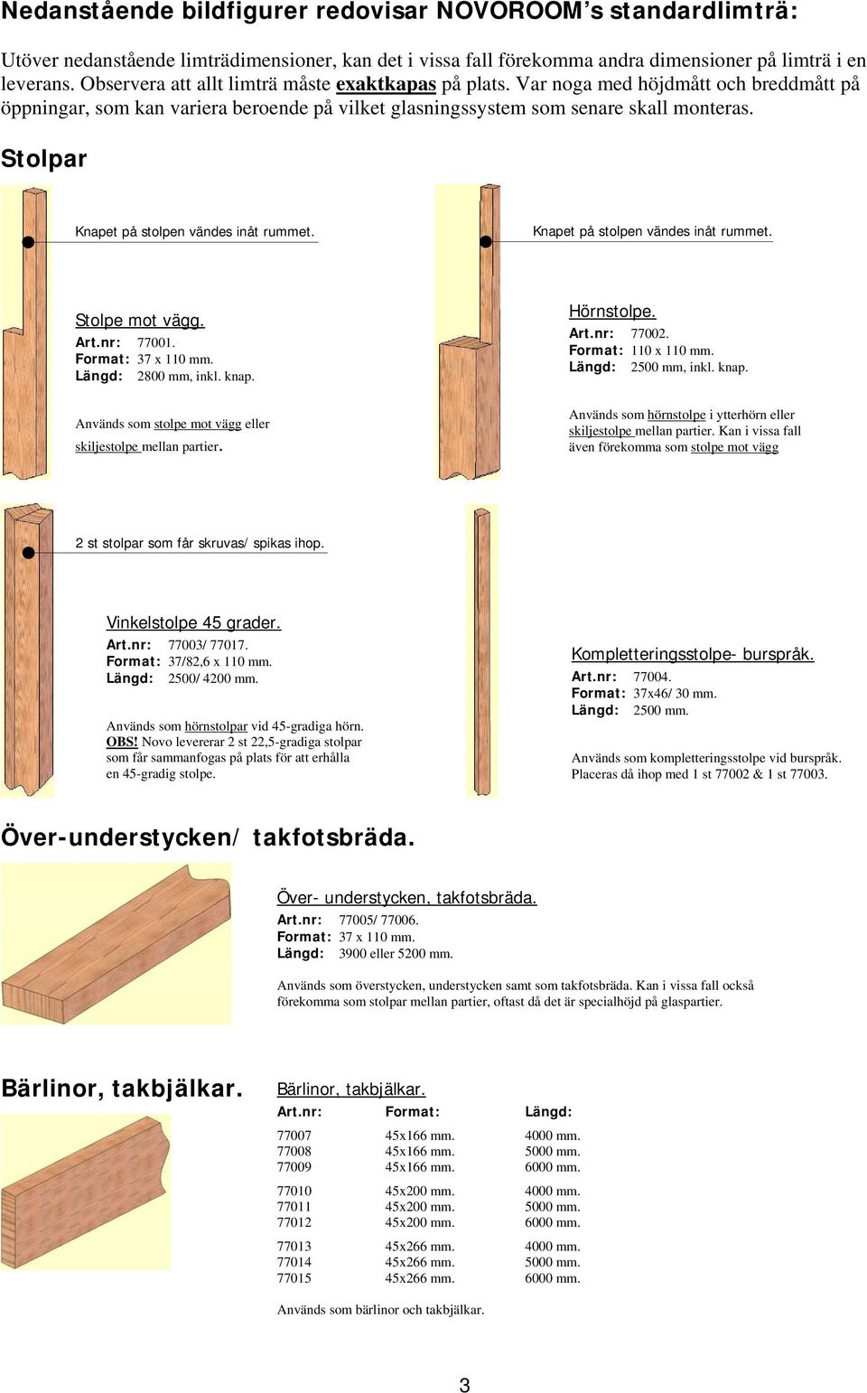 Stolpar Knapet på stolpen vändes inåt rummet. Knapet på stolpen vändes inåt rummet. Stolpe mot vägg. Art.nr: 77001. Format: 37 x 110 mm. Längd: 2800 mm, inkl. knap.