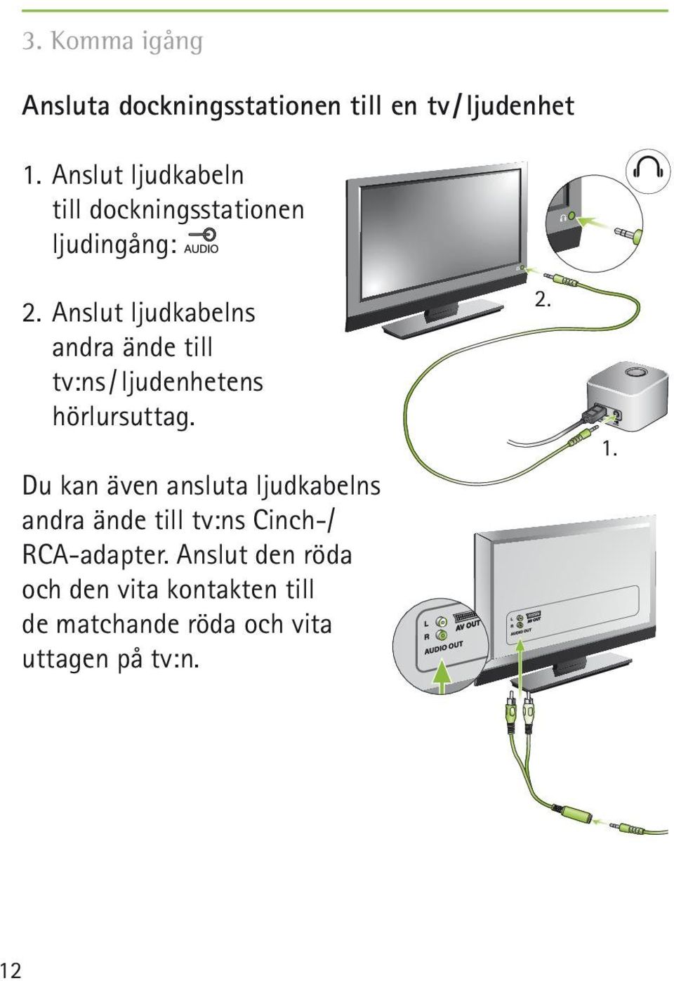 Anslut ljudkabelns andra ände till tv:ns / ljudenhetens hörlursuttag.