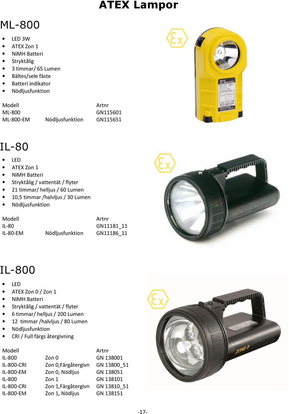 IL-800 LED ATEX Zon 0 / Zon 1 NiMH Batteri Stryktålig / vattentät / flyter 6 timmar/ helljus / 200 Lumen 12 timmar /halvljus / 80 Lumen Nödljusfunktion CRI / Full färgs återgivning IL-800 Zon