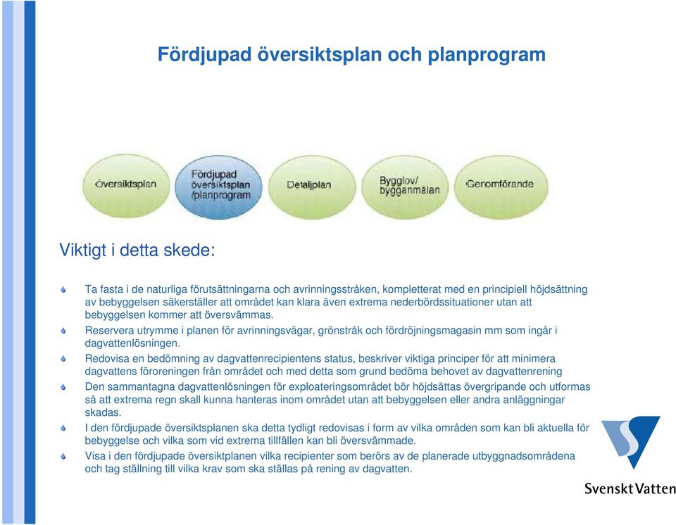 Reservera utrymme i planen för avrinningsvägar, grönstråk och fördröjningsmagasin mm som ingår i dagvattenlösningen.