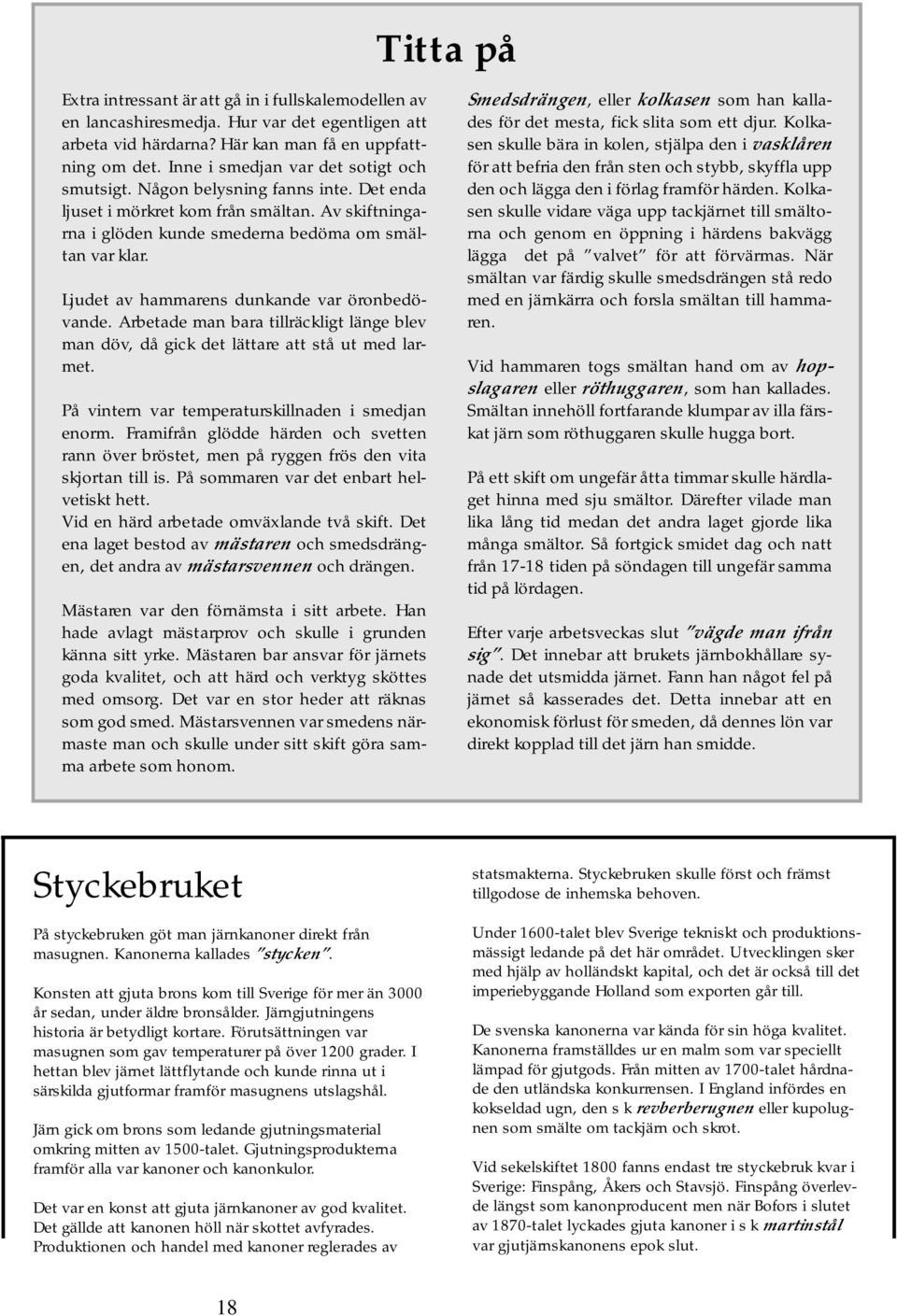 Ljudet av hammarens dunkande var öronbedövande. Arbetade man bara tillräckligt länge blev man döv, då gick det lättare att stå ut med larmet. På vintern var temperaturskillnaden i smedjan enorm.