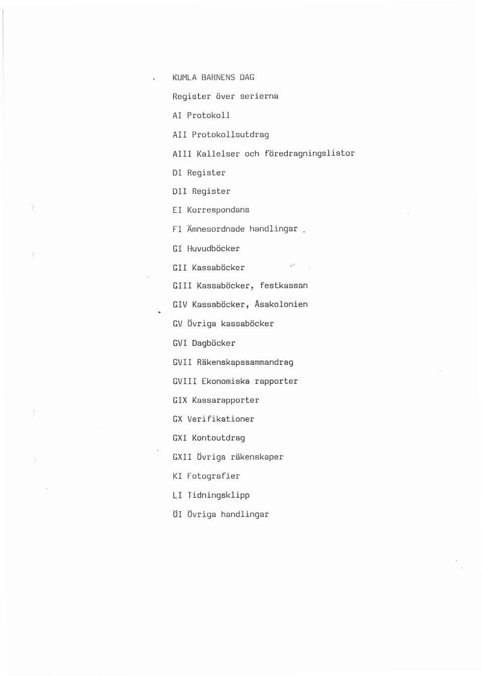festkassan GIV Kassaböcker, Asakolonien GV GVI Övriga kassaböcker Dagböcker GVII Räkenskapssammandrag GVIII Ekonomiska
