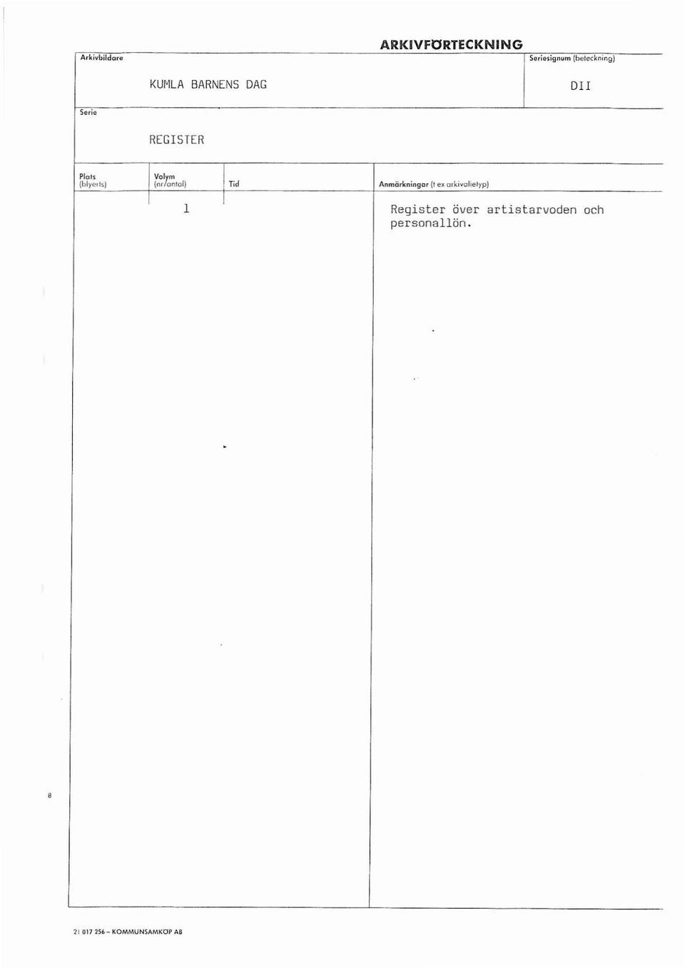 REGISTER Plats Va~m (blyerts) (nr onial) Tid