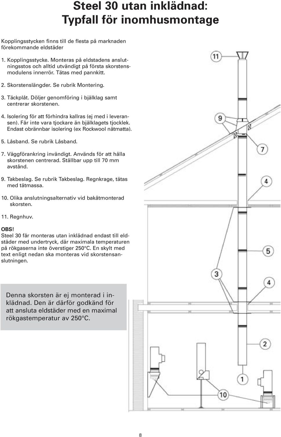 Får inte vara tjockare än bjälklagets tjocklek. Endast obrännbar isolering (ex Rockwool nätmatta). 5. Låsband. Se rubrik Låsband. 7. Väggförankring invändigt.