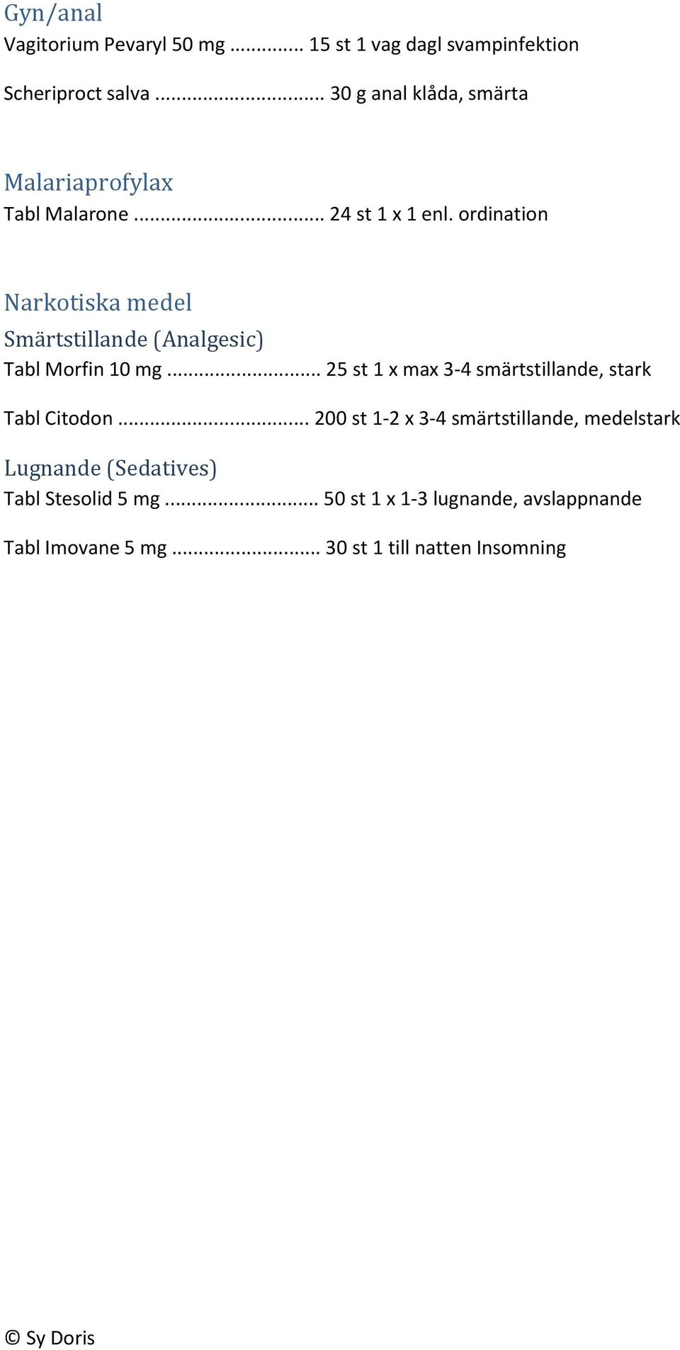 ordination Narkotiska medel Smärtstillande (Analgesic) Tabl Morfin 10 mg.
