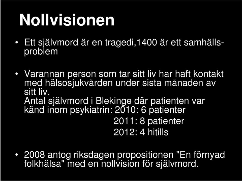 Antal självmord i Blekinge där patienten var känd inom psykiatrin: 2010: 6 patienter 2011: 8