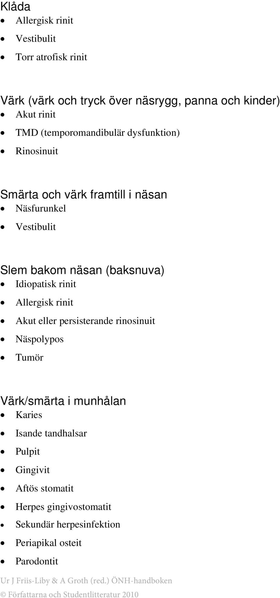 (baksnuva) Idiopatisk rinit Allergisk rinit Akut eller persisterande rinosinuit Näspolypos Tumör Värk/smärta i munhålan