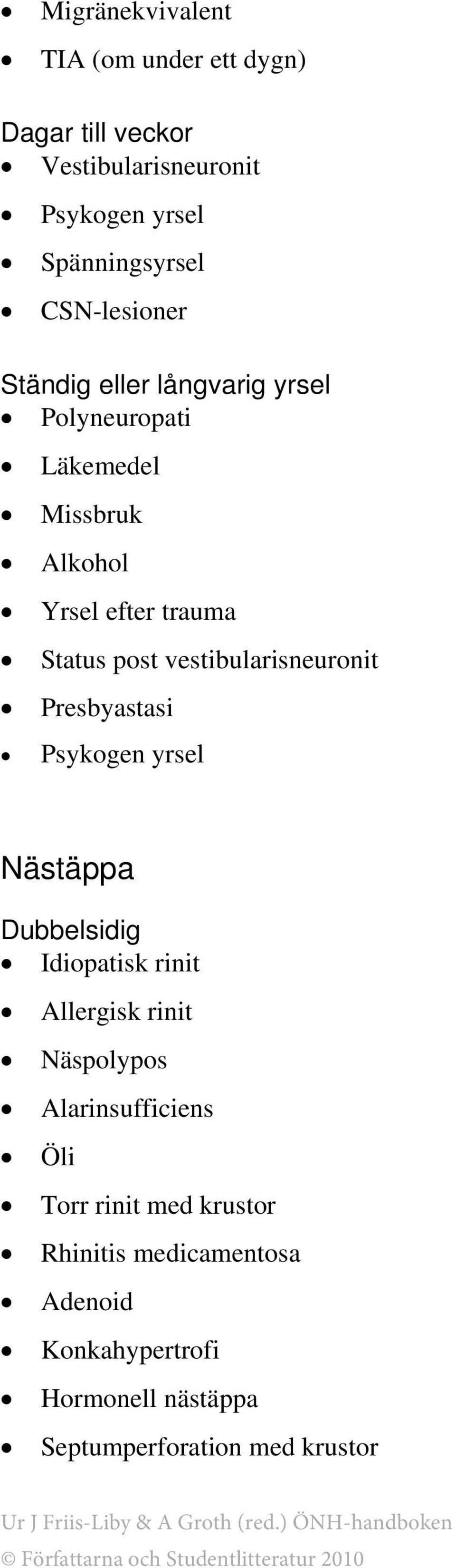vestibularisneuronit Presbyastasi Psykogen yrsel Nästäppa Dubbelsidig Idiopatisk rinit Allergisk rinit Näspolypos