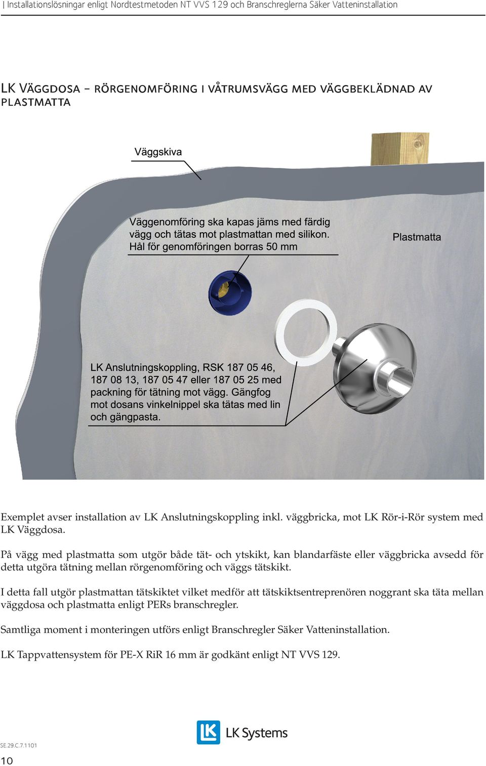 På vägg med plastmatta som utgör både tät- och ytskikt, kan blandarfäste eller väggbricka avsedd för detta utgöra tätning mellan