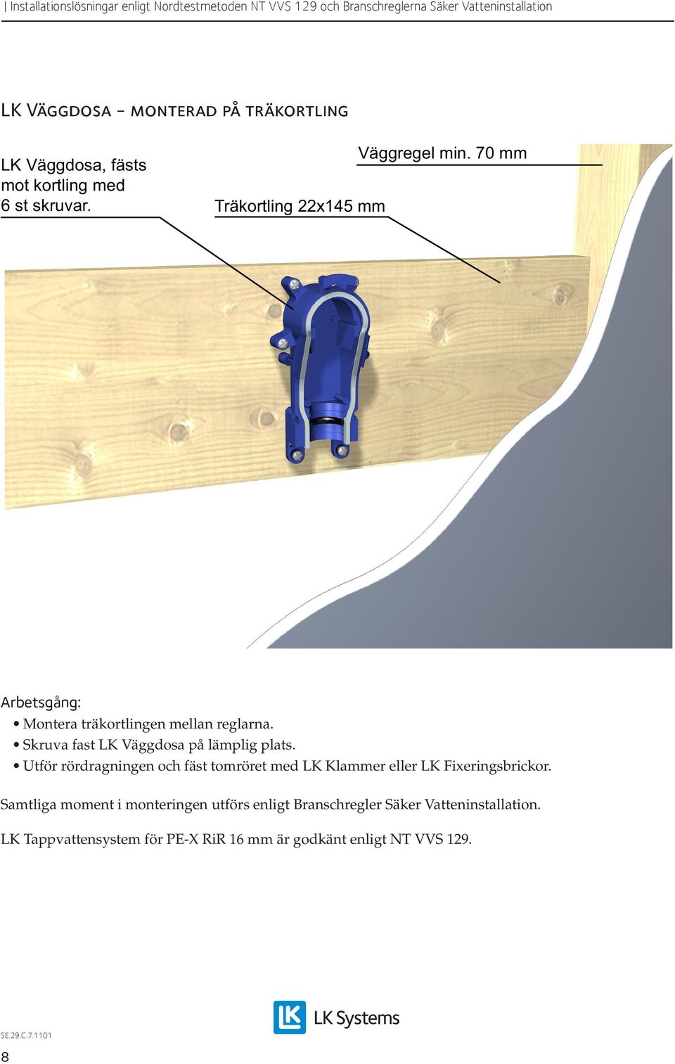 Träkortling 22x145 mm Arbetsgång: Montera träkortlingen mellan reglarna.