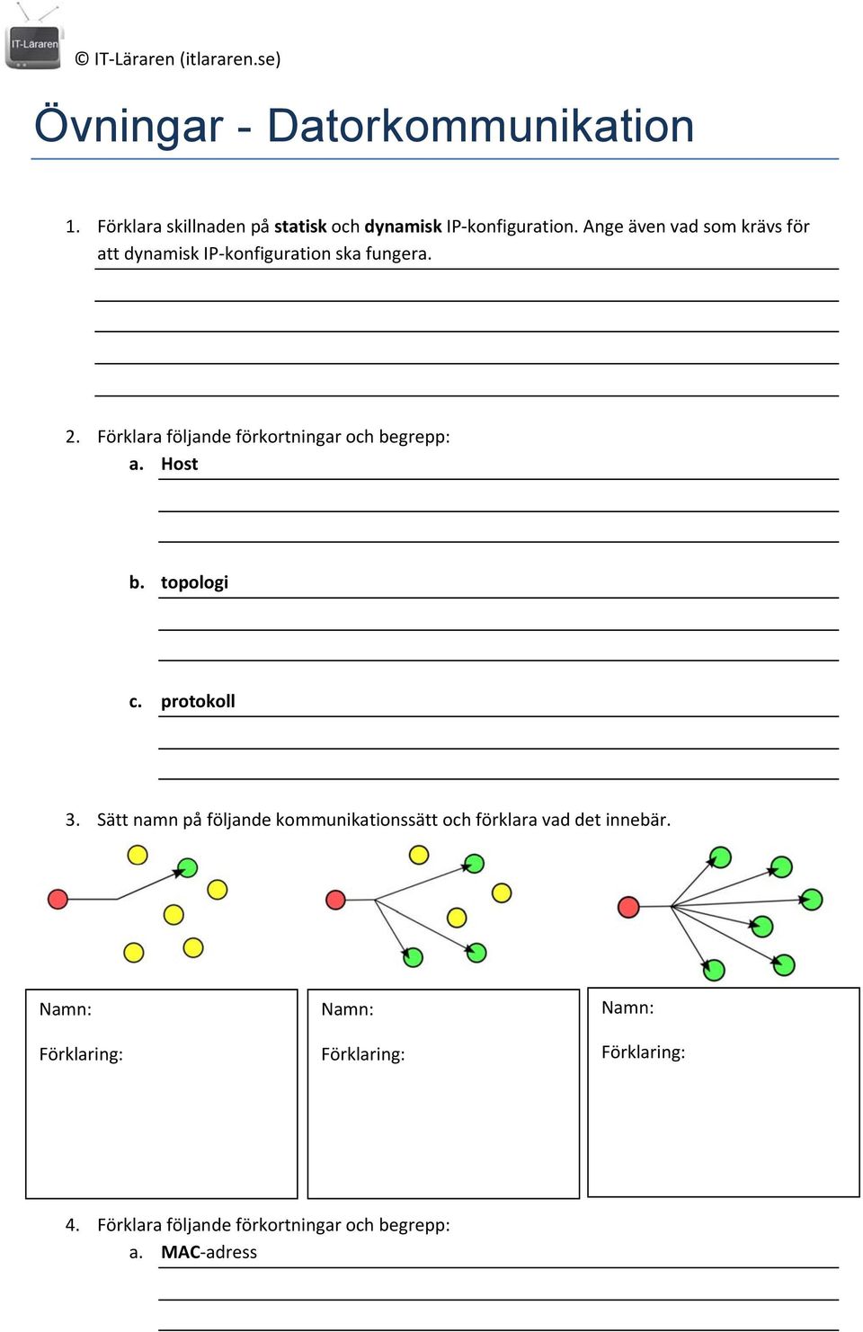 Förklara följande förkortningar och begrepp: a. Host b. topologi c. protokoll 3.