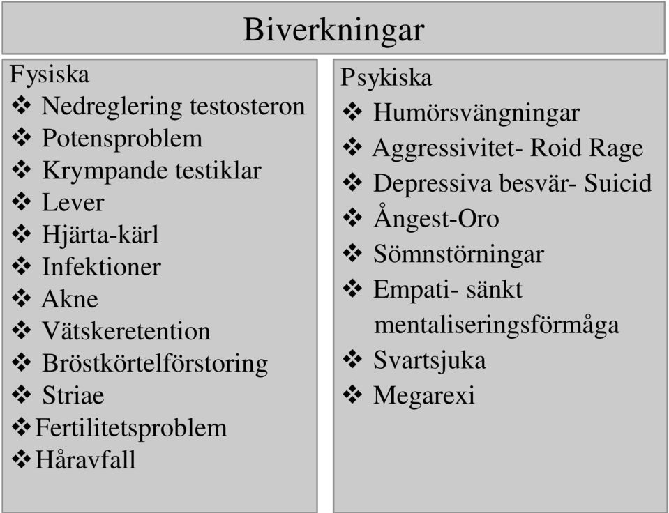 Håravfall Biverkningar Psykiska Humörsvängningar Aggressivitet- Roid Rage Depressiva