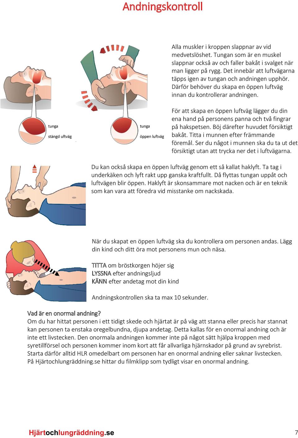 För att skapa en öppen luftväg lägger du din ena hand på personens panna och två fingrar på hakspetsen. Böj därefter huvudet försiktigt bakåt. Titta i munnen efter främmande föremål.