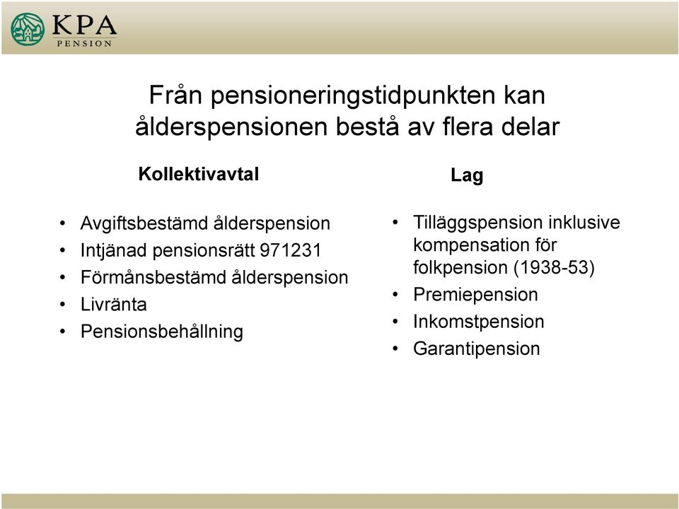 Förmånsbestämd ålderspension Livränta Pensionsbehållning Lag Tilläggspension