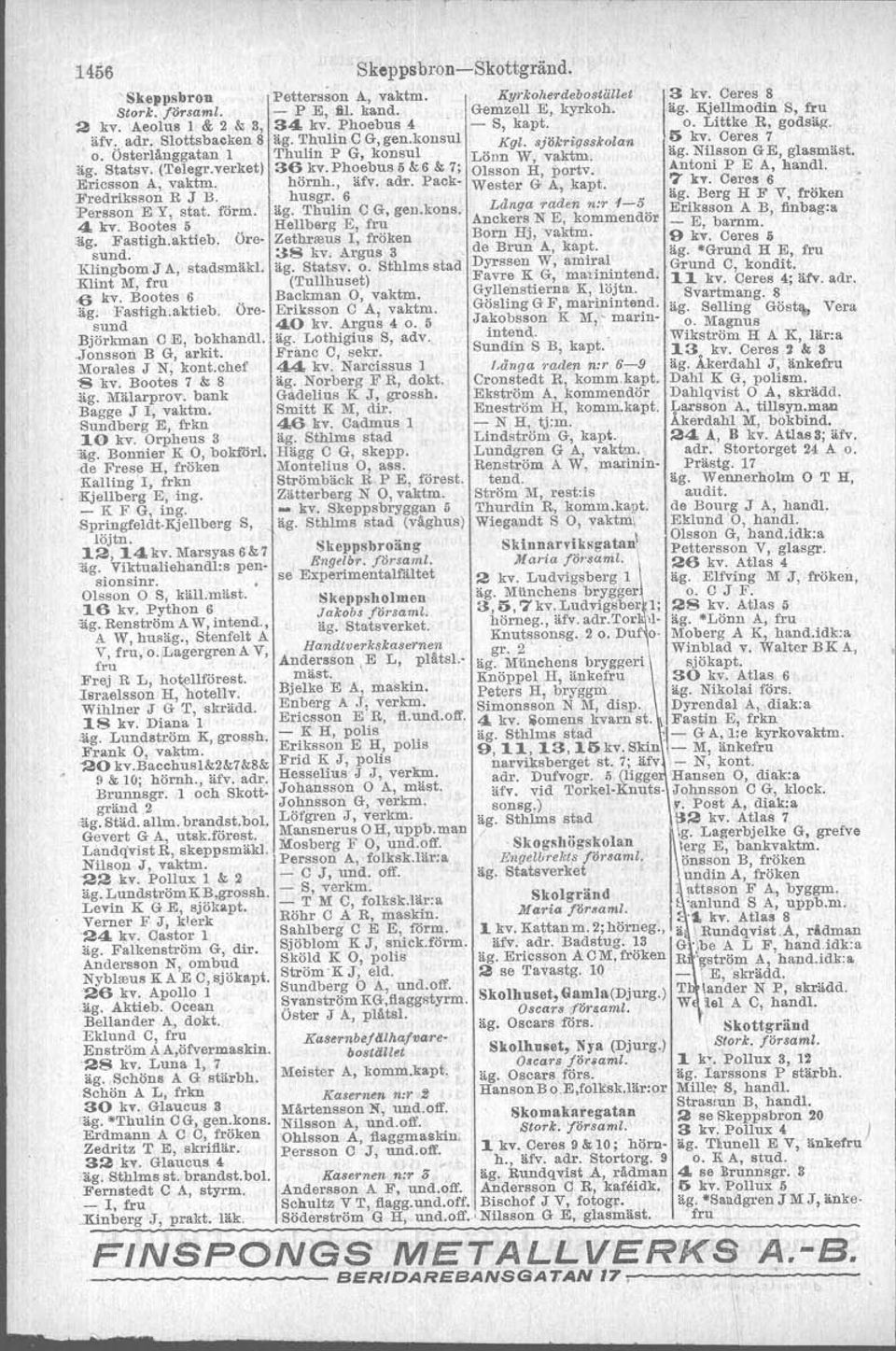 Thulin GG, gen.konsul, o. österlänggatan l Thulin P G, konsul äg. Statsv. (Telegr.verket) 36 kv.phoebus 5 &6 & 7; Ericsson A, vaktm. hörnh., äfv. adr. Packhusgr. 6 äg. Thulin G G, gen.kons. Hellberg E, fru Zethrreus l, fröken 38 kv.