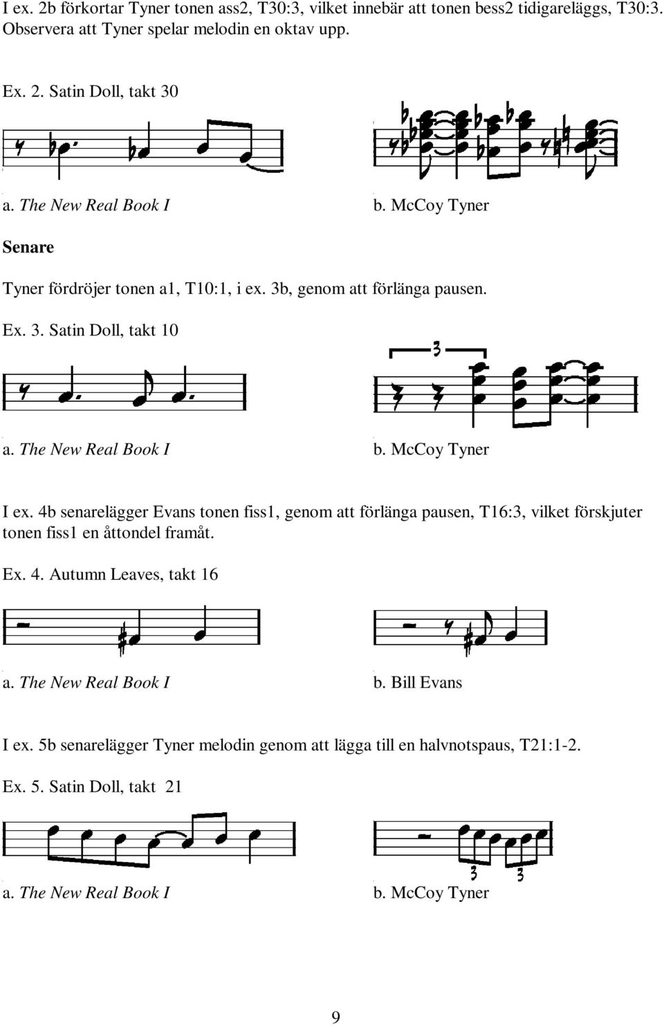 McCoy Tyner I ex. 4b senarelägger Evans tonen fiss1, genom att förlänga pausen, T16:, vilket förskjuter tonen fiss1 en åttondel framåt. Ex. 4. Autumn Leaves, takt 16 a.