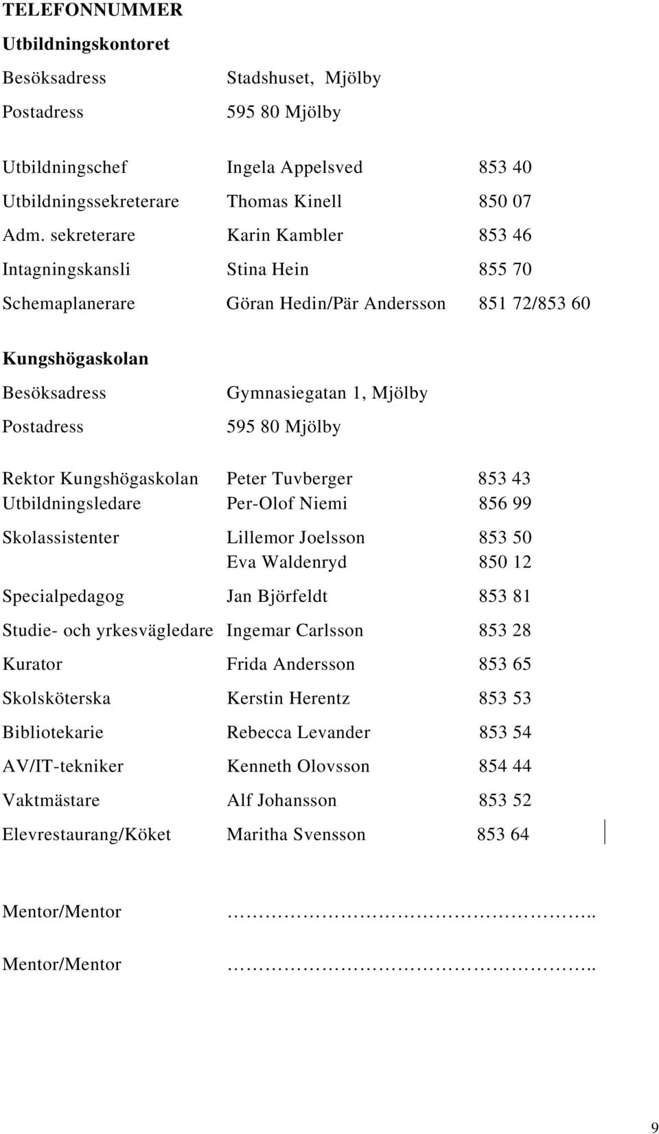 Mjölby Rektor Kungshögaskolan Peter Tuvberger 853 43 Utbildningsledare Per-Olof Niemi 856 99 Skolassistenter Lillemor Joelsson Eva Waldenryd 853 50 850 12 Specialpedagog Jan Björfeldt 853 81 Studie-