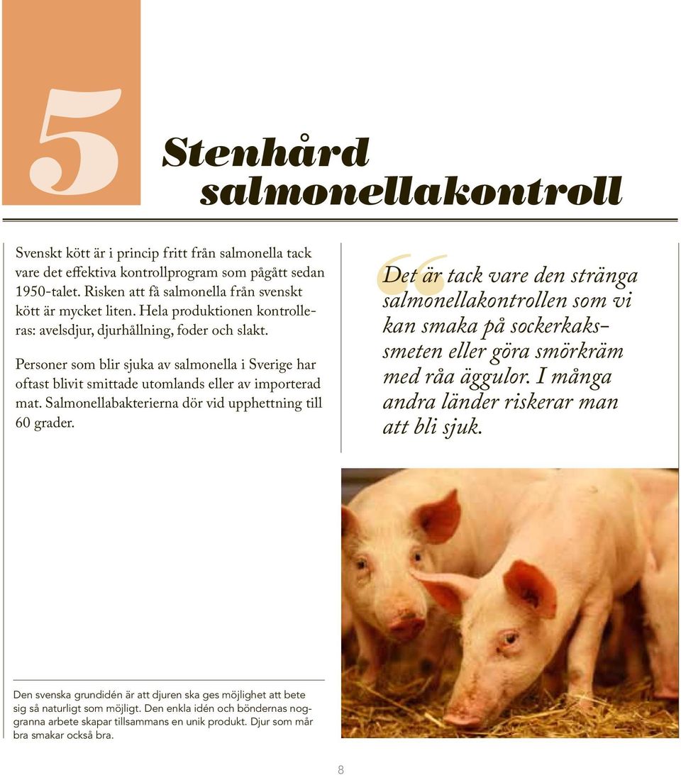 Personer som blir sjuka av salmonella i Sverige har oftast blivit smittade utomlands eller av importerad mat. Salmonellabakterierna dör vid upphettning till 60 grader.