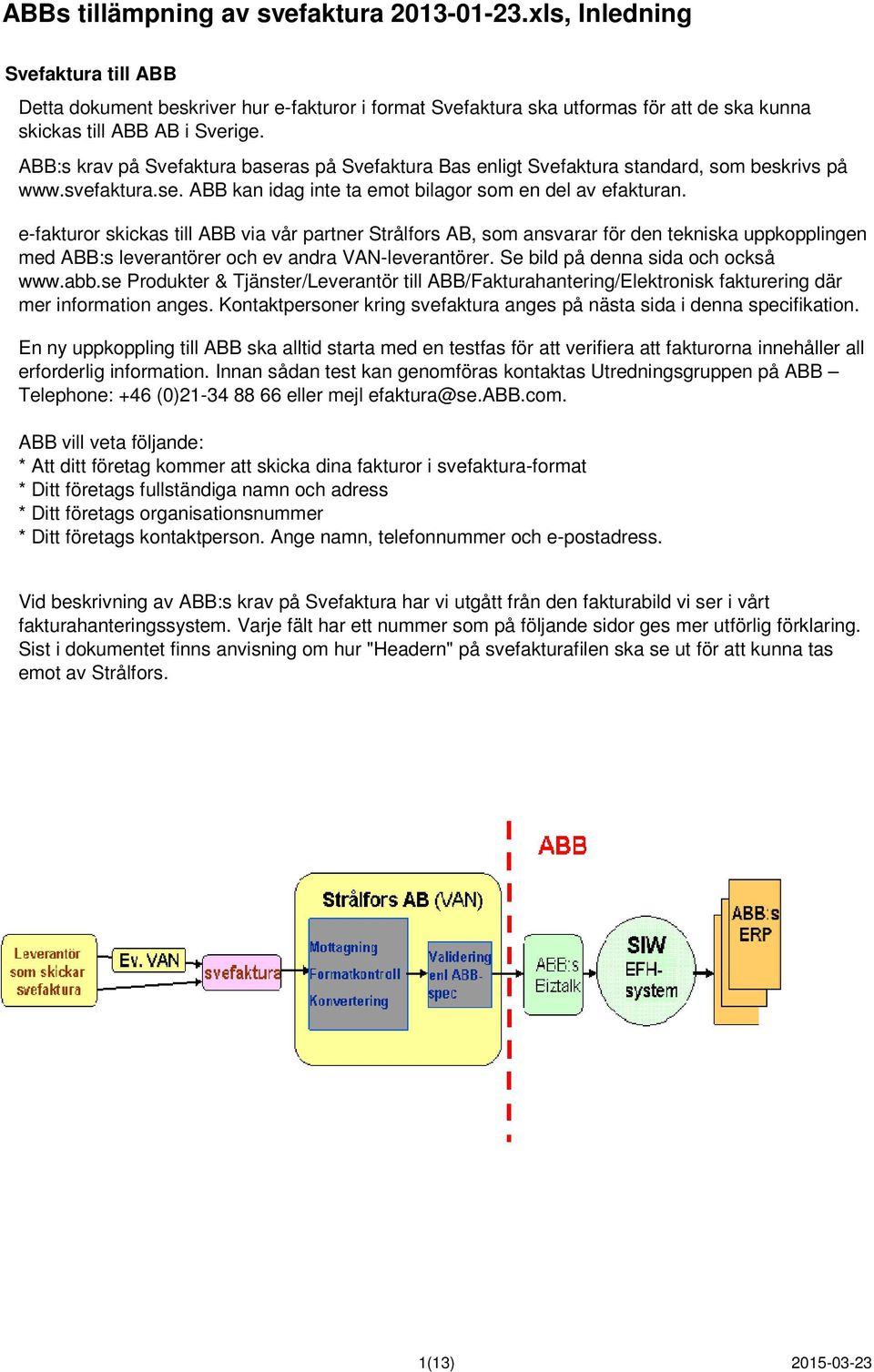 ABB:s krav på Svefaktura baseras på Svefaktura Bas enligt Svefaktura standard, som beskrivs på www.svefaktura.se. ABB kan idag inte ta emot bilagor som en del av efakturan.