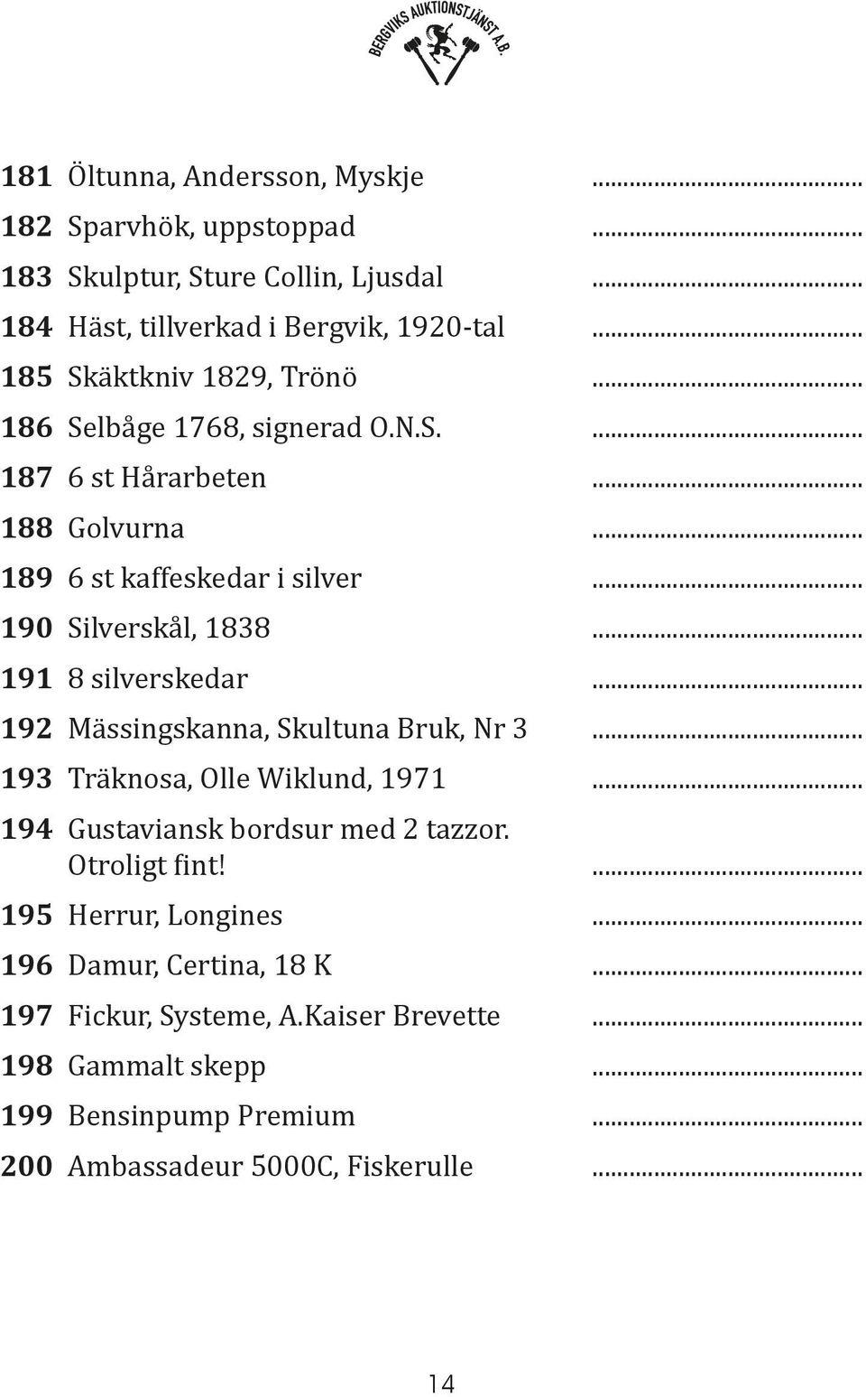 .. 191 8 silverskedar... 192 Mässingskanna, Skultuna Bruk, Nr 3... 193 Träknosa, Olle Wiklund, 1971... 194 Gustaviansk bordsur med 2 tazzor. Otroligt fint!