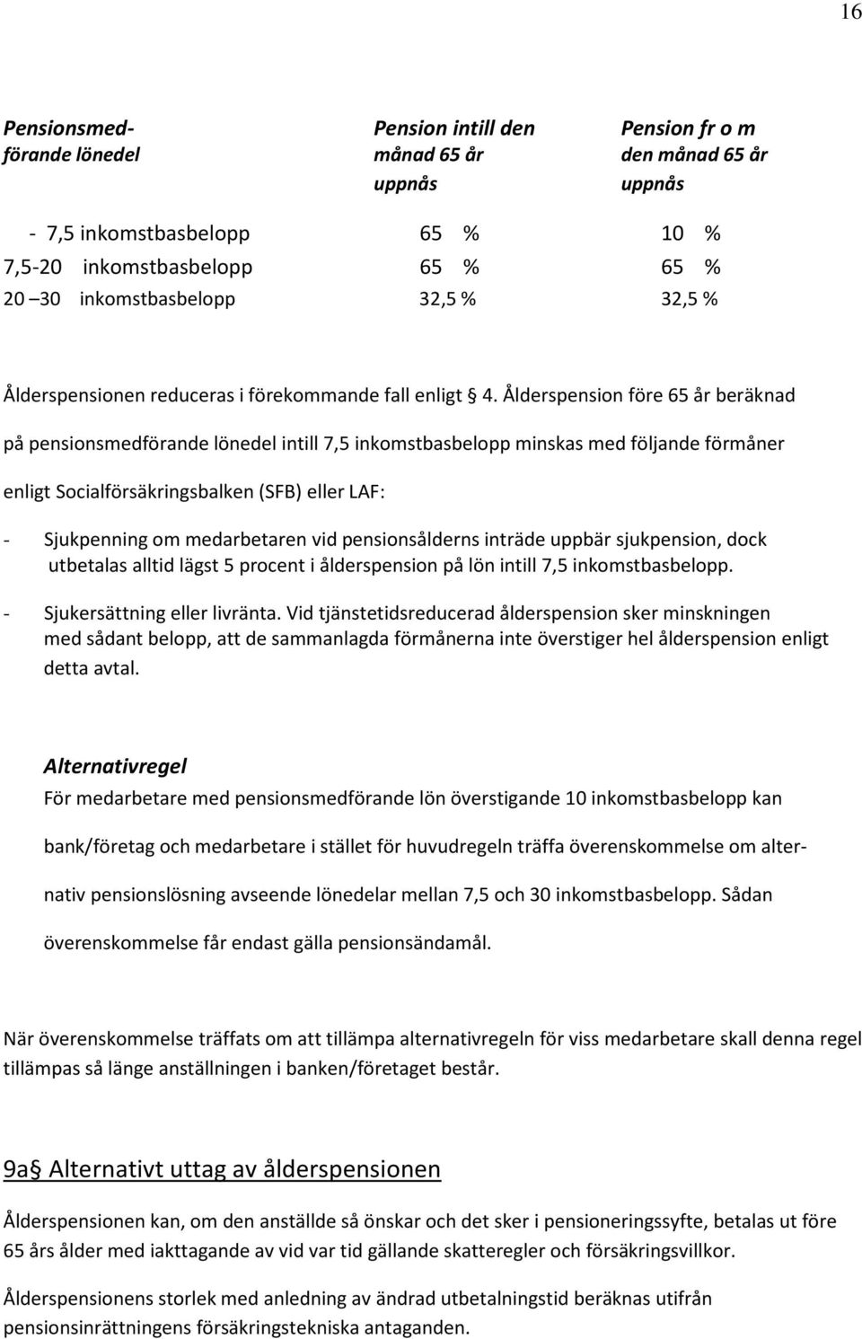 Ålderspension före 65 år beräknad på pensionsmedförande lönedel intill 7,5 inkomstbasbelopp minskas med följande förmåner enligt Socialförsäkringsbalken (SFB) eller LAF: - Sjukpenning om medarbetaren