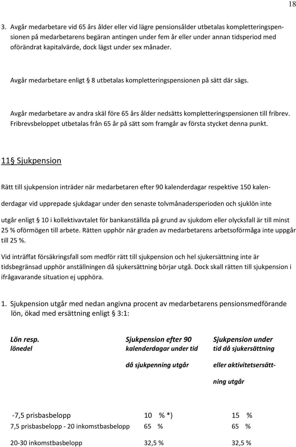 Avgår medarbetare av andra skäl före 65 års ålder nedsätts kompletteringspensionen till fribrev. Fribrevsbeloppet utbetalas från 65 år på sätt som framgår av första stycket denna punkt.