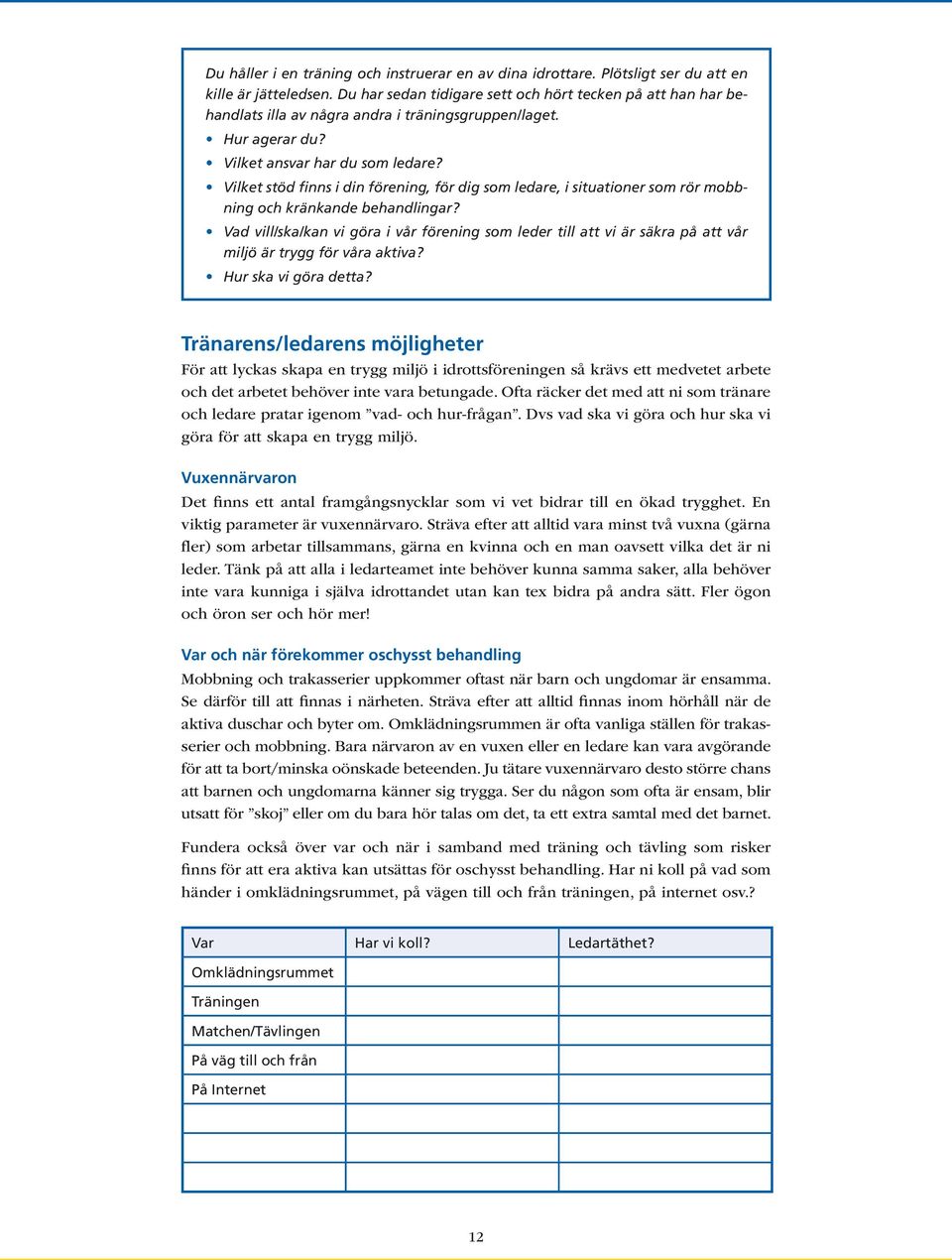 Vilket stöd finns i din förening, för dig som ledare, i situationer som rör mobbning och kränkande behandlingar?