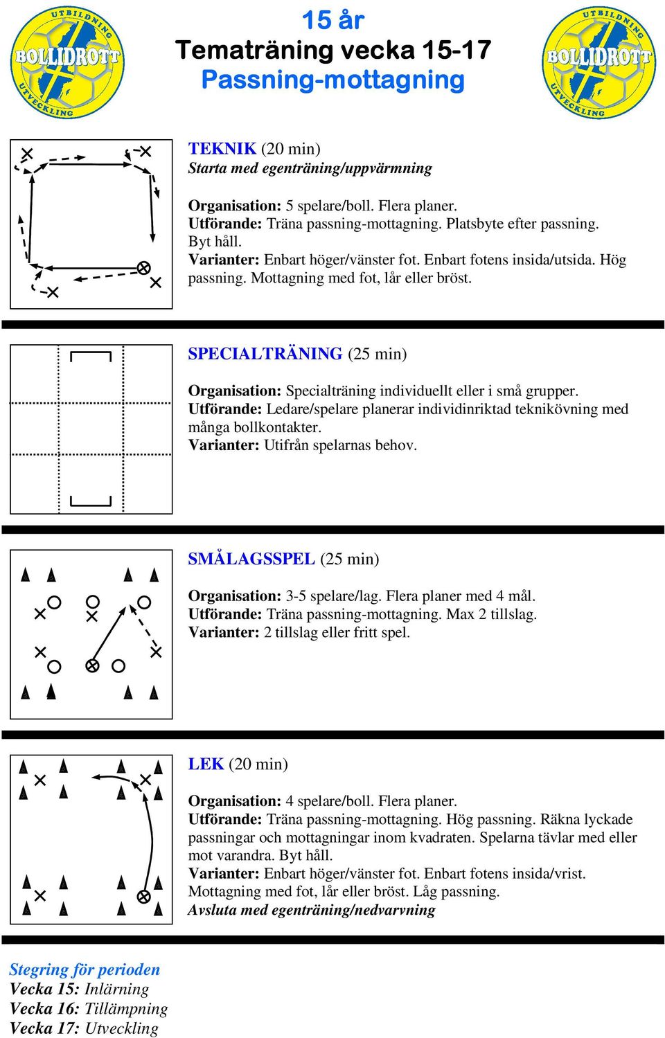 Utförande: Ledare/spelare planerar individinriktad teknikövning med många bollkontakter. SÅLAGSSPEL (25 min) Organisation: 3-5 spelare/lag. Flera planer med 4 mål.