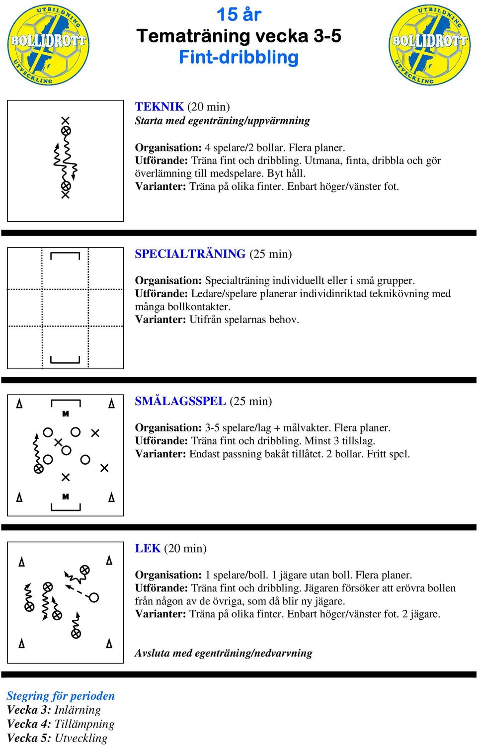 SÅLAGSSPEL (25 min) Organisation: 3-5 spelare/lag + målvakter. Flera planer. Utförande: Träna fint och dribbling. inst 3 tillslag. Varianter: Endast passning bakåt tillåtet. 2 bollar. Fritt spel.