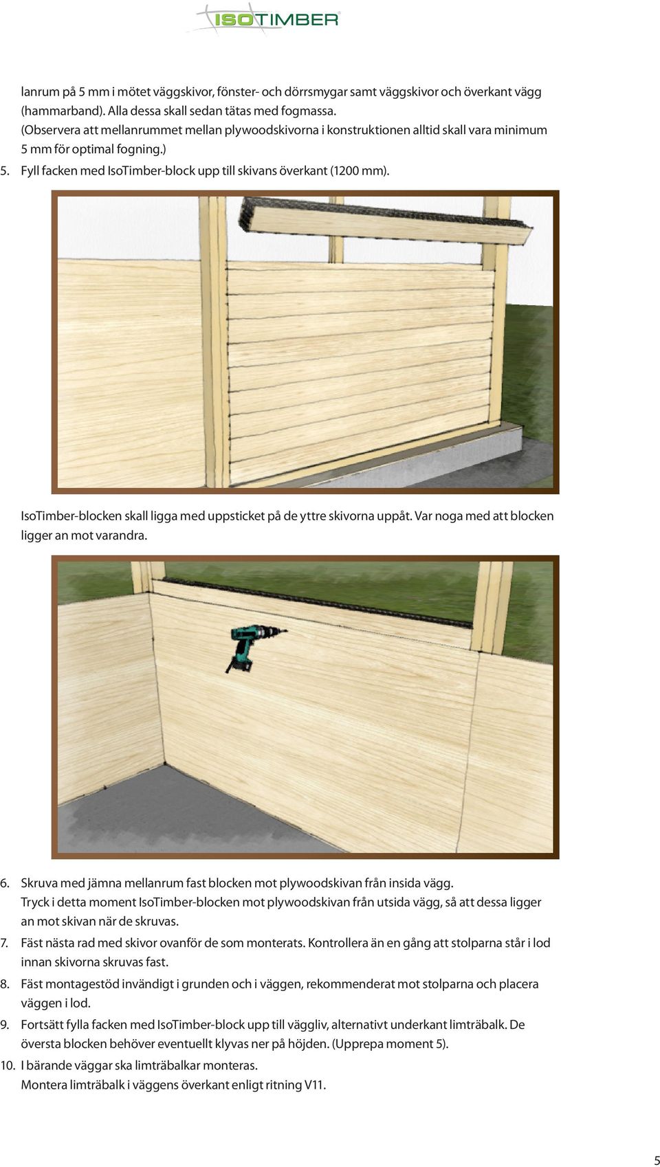 IsoTimber-blocken skall ligga med uppsticket på de yttre skivorna uppåt. Var noga med att blocken ligger an mot varandra. 6. Skruva med jämna mellanrum fast blocken mot plywoodskivan från insida vägg.