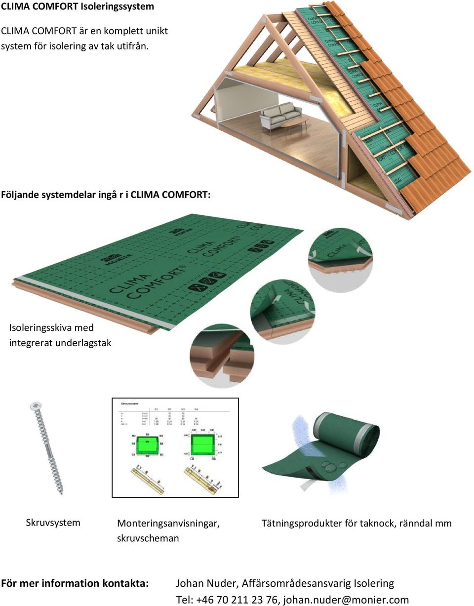 Följande systemdelar ingå r i CLIMA COMFORT: Isoleringsskiva med integrerat underlagstak Skruvsystem
