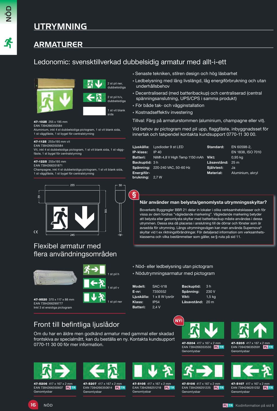 låg energiförbrukning och utan underhållsbehov Decentraliserad (med batteribackup) och centraliserad (central spänningsanslutning, UPS/CPS i samma produkt) För både tak- och vägginstallation
